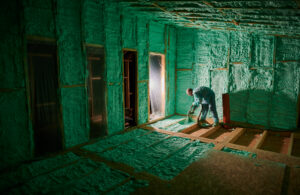 Male builder insulating wooden frame house. Man worker spraying polyurethane foam on floor inside of future cottage, using plural component gun. Construction and insulation concept.